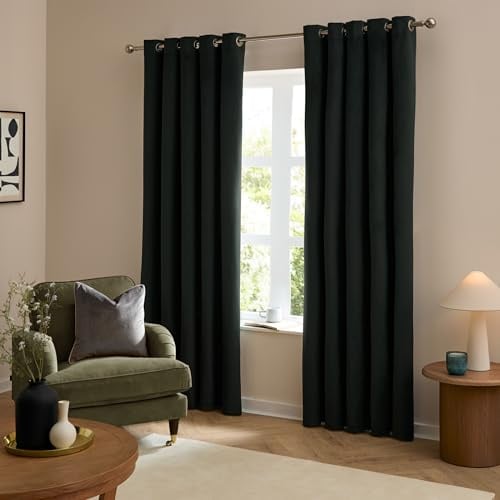 furn. The Ultimate Velvet Eyelet Curtains (Black-229x183cm) | Soft Stylish Light Filtering Matte Velvet Curtain Pair