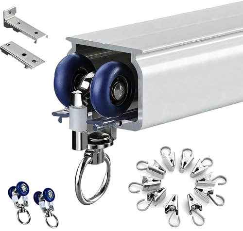 Vorhangschiene für Deckenmontage, 0.5-15 m Gardinenschiene aluminium, Gardinenstange1 läufig, Wandbefestigung Vorhangstange als Raumteiler, mit Metall Gardinen Clips(1.7m)