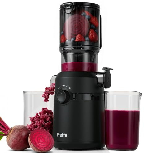 Fretta Extractor de Zumos y Verduras, Apertura de 108MM y Capacidad de 1L, Licuadora Prensado en Frio para Verduras Frutas Enteras, 200W Slow Juicer Machine, Fácil Montaje y Limpieza, Sin BPA (Negro)