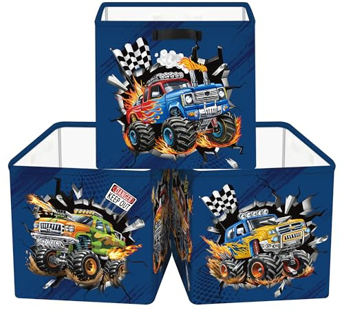 Clastyle 3 Stück Autos Aufbewahrungsbox Stoff für Kallax Faltbar Aufbewahrungskorb Klein Schrank Organizer Kleiderschrank für Regal, Geländewagen, 30x30x30 cm