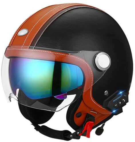 Retro Offenem Bluetooth Motorrad Helm DOTECE-Zulassung Jet Scooter Helm mit Doppelvisier 3/4 Moped Crash Helm für Erwachsene Männer und Frauen Bluetooth Roller Halbschale H,XL(61~62CM)