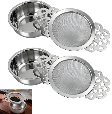 2 Pcs Ultra Tea Strainer Fine Mesh, Tea Sieve for Loose Tea, Stainless Steel Tea Strainer with Bowl, Double Handle Tea Strainer with Carved Handle Design, Ideal for Tea Cups Bowls Teapots