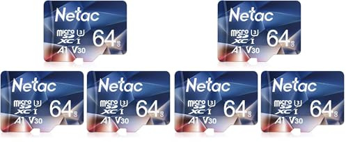 Netac 6 Paquets 64Go Carte Mémoire Micro SDHC A1, U3, UHS-I,C10, V30 Vitesse Jusqu'à 100/30 Mo/Sec (R/W) pour Smartphone, Appareil Photo, Switch, Gopro, Tablette,Drones
