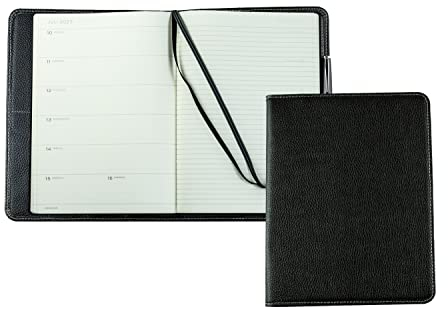 DELMON VARONE - Personalisierbares Kalenderbuch 2025 + 2026 DIN B5 Soft Grain Leder schwarz - Organizer Terminkalender mit Wochenübersicht (1 Woche 1 Seite) - Notizbuch Planer Stiftschlaufe & Merkband