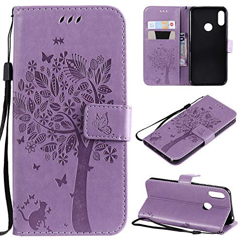 Zchen Cover per Huawei Y6 2019, custodia a portafoglio in pelle PU, con aletta a libro, coperchio pieghevole, per Huawei Y6 Pro 2019/Honor 8A (gatto viola)