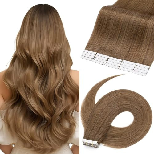 TESS Tape Extensions Echthaar #6 Mittelbraun 40 cm Klebeband Haarverlängerung 20er Pack Glatt Remy Tape in Hair Extensions für Haarverdichtung (20 Tressen #6 helle Braun)