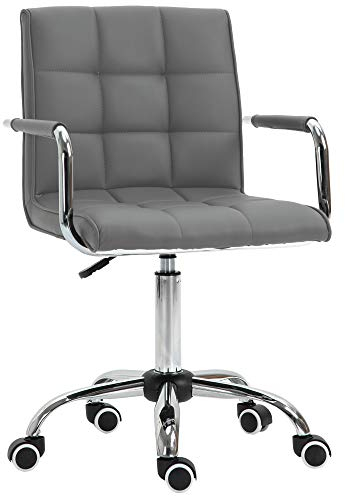 Vinsetto Makeup Vanity Chair, PU Leather Mid Back Office Chair with Adjustable Height, Armrest and Rolling Wheels, Grey