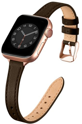 SUNFWR Compatible with Apple Watch Strap 38mm 40mm 41mm,Genuine Leather Strap Replacement,Slim&Thin Wristband for iwatch Series 7/6/5/4/3/2/1,SE(38mm 40mm 41mm,Coffee&Rosegold)