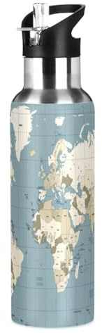 Qilmy World Map Water Bottle Vacuum Insulated Stainless Steel Water Bottles with Straw Lid Leakproof Wide Mouth Water Flask for Fitness Outdoor Sports, 20 oz