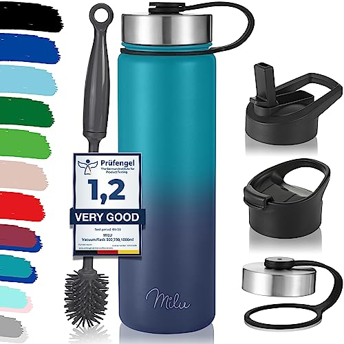 Milu Edelstahl Trinkflasche 500ml, 750ml, 1L (+3 Deckel) - Thermosflasche mit Strohhalm, Isolierte Wasserflasche, Auslaufsichere Isolierflasche doppelwandig, Kohlensäure geeignet (Grün Blau, 750ml)