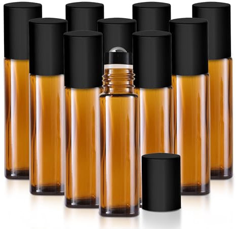Your Oil Tools Lot de 10 flacons roulants vides en verre ambré de 10 ml avec protection anti-fuite en acier inoxydable et bouchons noirs pour huiles et parfums