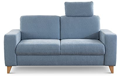 CAVADORE 2er Sofa Lotta / Skandinavische 2-Sitzer-Couch mit Federkern, Kopfstütze und Holzfüßen / 173 x 88 x 88 / Webstoff, Hellblau