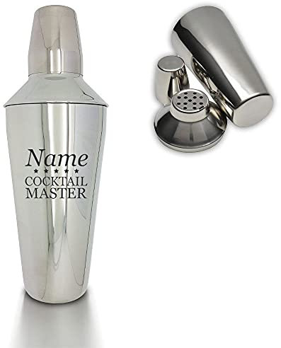 Personalised Engraved Cocktail Shaker with Cocktail Master Design, Personalise with Any Name