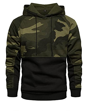 AOTORR Mens Hoodies Pullover Camo Hooded Sweatshirt Patchwork Top Long Sleeve Hoody Casual Tops with Pockets WY42 Army Black L