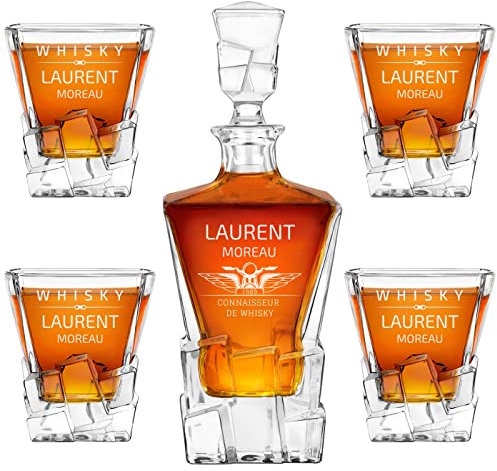 Maverton Carafe et 4/6 verres gravés - Ensemble personnalisé Cadeau Anniversaire Homme - Set élégant pour lui Carafe whisky au design unique - Verre a whisky - Cadeau Homme connaisseur -Connaisseur