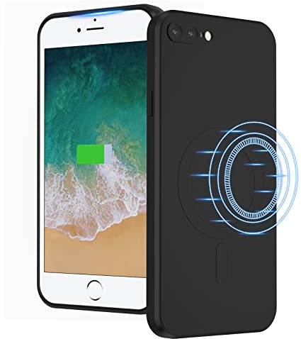 UEEBAI Liquid Silicone Wireless Charging Phone Case For iPhone 8 Plus, Built-in Magnets Compatible with MagSafe Faster Charging Slim Fit Soft Microfiber Cover - Black