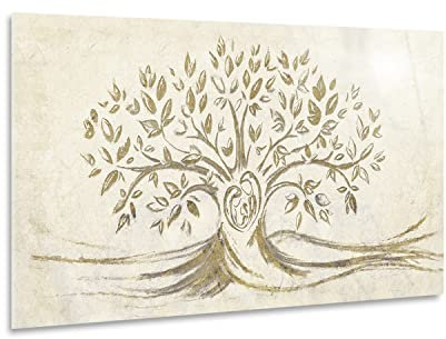 Giallobus - Quadro - 01 - Capezzale Moderno - Sacra Famiglia e Albero della Vita - Beige - Vetro Acrilico - 35x17,5 - Pronto da Appendere - Quadri Moderni per la casa
