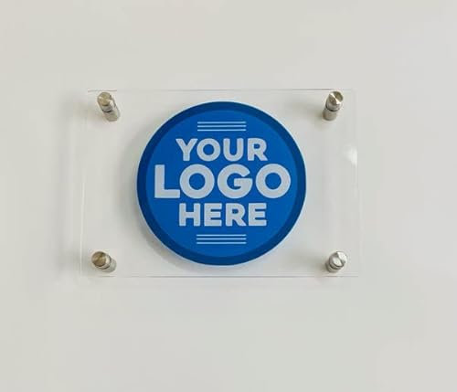 One of a Kind Design UK Personalised Acrylic Business Plaque, Stainless Steel Stand-Off Mounts, UV printed with logo, 3mm Clear Acrylic Plate, Size A5, A4, A3, UV Stable, A3