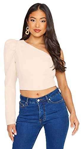 PixieGirl Petite Pink Ruched Sleeve One Shoulder Crop Top Petite