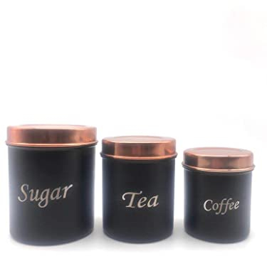 Tea Coffee Sugar Black Canister Set of 3 Kitchen Storage Jars Lid containers Pot Sets