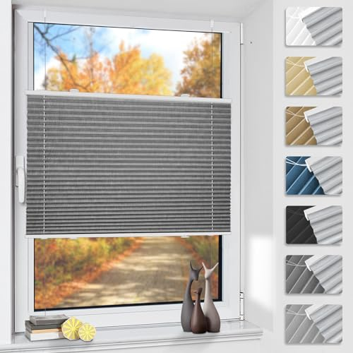 Plissee ohne Bohren Verdunkelung Thermo Plissees Klemmfix Grau B40 x H140 cm - Verdunklungsplissee Plisseerollo Blickdicht & Sichtschutz für Fenster & Tür