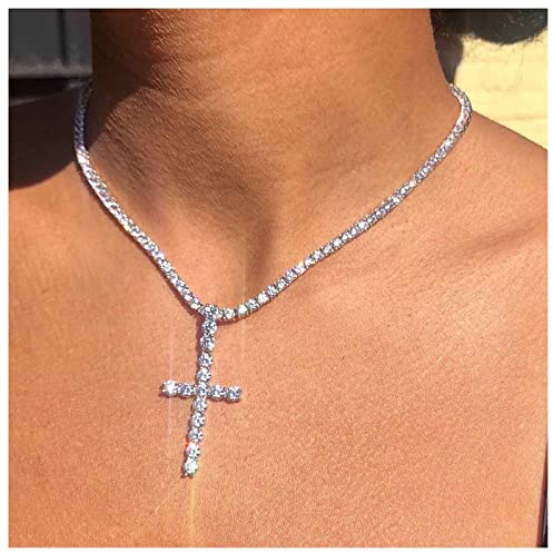 Dervivea Glitzernde Strass Halskette Kristall Kreuz Anhänger Halskette Silber Tennis Kette Halskette Cz Kreuz Halskette Choker Schmuck Für Frauen Und Mädchen