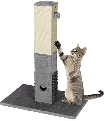 GOPLUS Griffoir pour Chat 79 cm, Corde Sisal et Peluche, Poteau Griffoir pour Chat avec Boules et Peigne de Massage, Griffoir Colonne pour Chat avec Base Solide, Gris