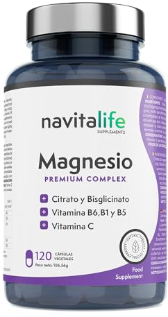Magnesio puro. Citrato de magnesio 1545 mg + Bisglicinato de magnesio 600 mg + Vitamina C, B6, B1, B5. Reduce Cansancio y Fatiga. Alivia el dolor articular y muscular. 120 cápsulas vegetales.