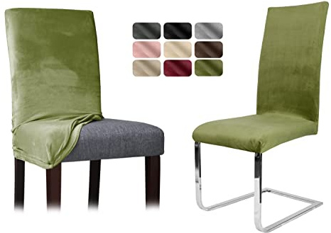 BEAUTEX Stuhlhussen Samt Stretch Stuhl & Schwingstuhl 2er Set Olivgrün LEA | 95% Polyester, 5% Elasthan, weiche Velours-Oberfläche, Rundum-Gummizug, 30 °C waschbar, faltenarm, formstabil & langlebig