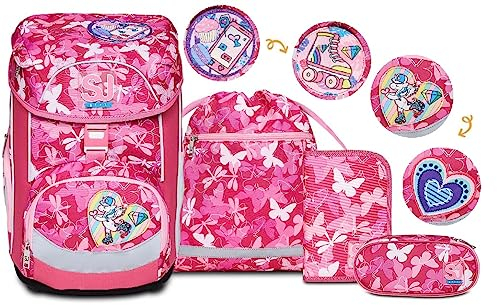 SJ Schulranzen set 4-teilig Ergonomischer Schulrucksack, Ultraleichte Schultasche, 22 LT, ab 1. Klasse mit Mäppchen und Turnbeutel, Kinder Grundschule Mädchen Junge, rosa