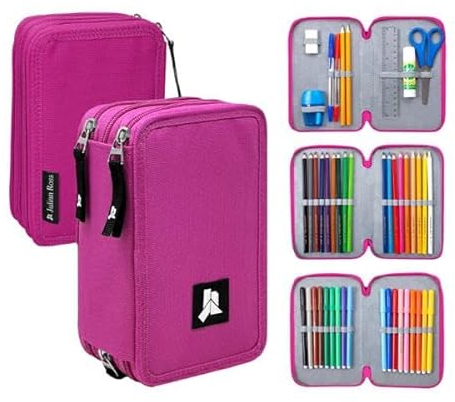 Julian Ross Fucsia Astuccio Triplo Riempito Bambina, 45 Accessori Scuola Elementare, 20 Centimetri, Colla Stick, Mina+, 3 Zip, Scomparti Organizzati