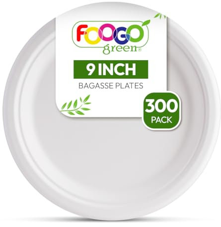 FOOGO Green 300 Assiettes Jetables Bagasse Canne à Sucre, 23 cm, Grandes, Vaisselle Jetable, Écologiques, Biodégradables, Compostables, Pique-nique, Fête, Assiettes Rondes Solides en Papier