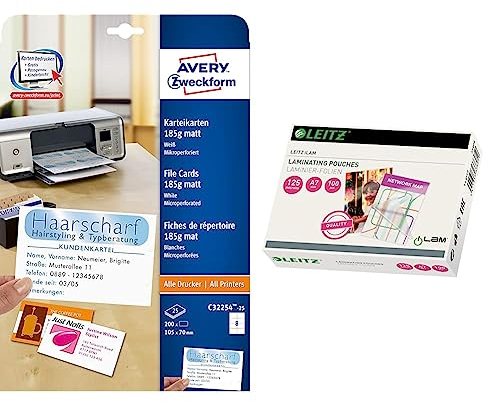 AVERY Zweckform C32254-25 Karteikarten (25 Blatt) zum Selbstbedrucken auf allen Druckern & Leitz Heißlaminierfolien A7 125 mic, Hochwertige Laminierfolien im 100er Pack, mit abgerundeten Ecken