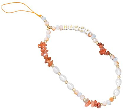 Handmade Bohemian Beaded Phone Charm Lanyard Wrist Strap Colorful Pearls Happy Letter Phone Chain String Anti Lost Lanyard Hanging Cord for Women Girls Phone Charm Jewelry-Dark Orange