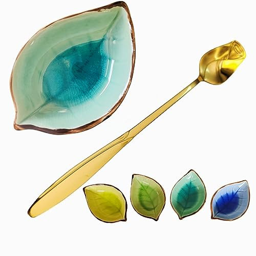 TOPYOKK Coffee Spoon and Rest, Leaf Shaped, Lake Blue, 1 PC (Ice Cracks Lake Blue with Gold Rose Spoon)