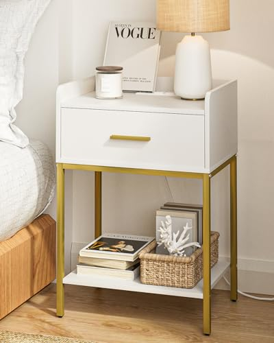 HEYZOEY Nachttisch weiß, 3-Tier Nachttisch modern Kleiner Nachtschrank Beistelltisch mit schublade und Regal für Schlafzimmer, Wohnzimmer, weiß mit Goldbein (Modern)