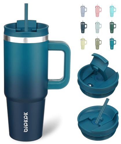 BJPKPK 900 ml Isolierter Edelstahl-Becher mit Griff Deckel und Strohhalm | Indigo Schwarz, Doppelwandige Vakuumisolierung, Auslaufsicher, BPA-frei, Spülmaschinenfest, Ideal für Reise & Outdoor