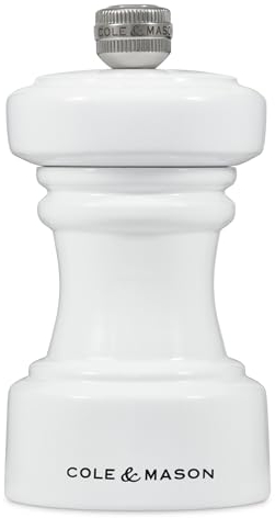 Cole & Mason Hoxton White Gloss Pepper Mill, Precision+ Carbon Mechanism, Compact Pepper Grinder with Adjustable Grind, Beech Wood, 104mm, Seasoning Mill, Lifetime Mechanism Guarantee
