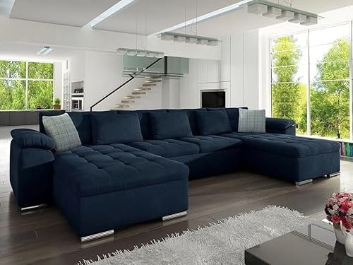 ChillMe Navy Velvet U-Shape Sofa Bed 'Oxford', Double Bed Sleeping Area - with Storage and FREE Assembly