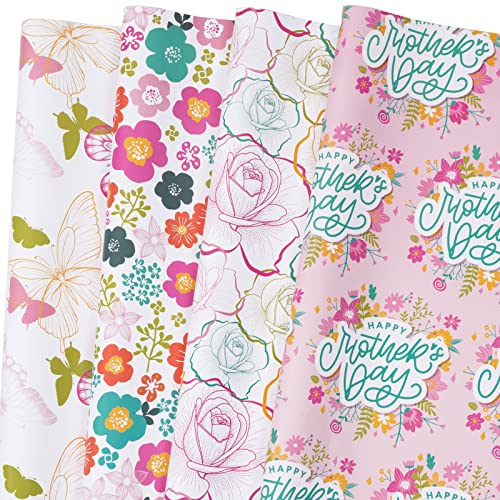 Holijolly Muttertag Geschenkpapier Blatt - 12 Blatt mit Blume und Schmetterling 4 verschiedene Design - 70 x 50 CM pro Blatt