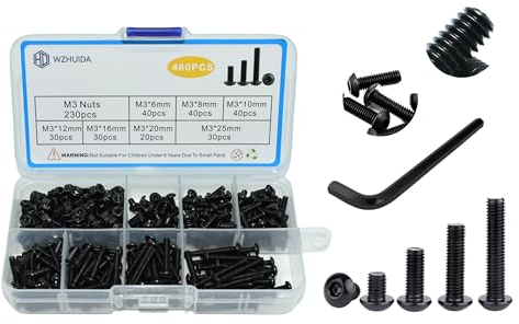 WZHUIDA 460 Stück M3 Schrauben Set, Linsenkopfschrauben mit Muttern Sortiment Kit, Schwarz Innensechskant Linsenkopf Schrauben Set, Sechskopfschrauben Muttern mit Schraubenschlüssel, Kohlenstoffstahl