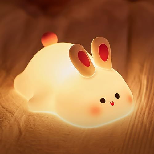 CECOMBINE Nachtlicht Kinder, Led Nachttischlampe mit Timer, USB Nachtlicht Silikon Stilllicht, Kinder Dimmbar 3 Farben Tragbar Touch Lampe für Kinderzimmer Deko Schlaflicht Baby Füttern (Kaninchen)