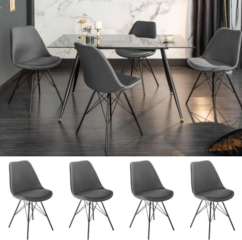 LEBENSwohnART 4er Set Design-Klassiker Stuhl Norway grau Samt Schwarze Beine Retro