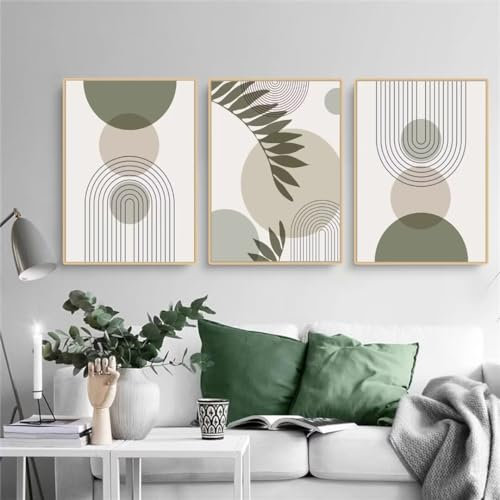 PWAAHDC Moderne Bilder Wohnzimmer Poster Set 40x60 Hochformat - Boho Abstrakte Grüne Pflanzen Leinwand Bilder 3er Set - Wandbilder für Schlafzimmer Ohne Rahmen