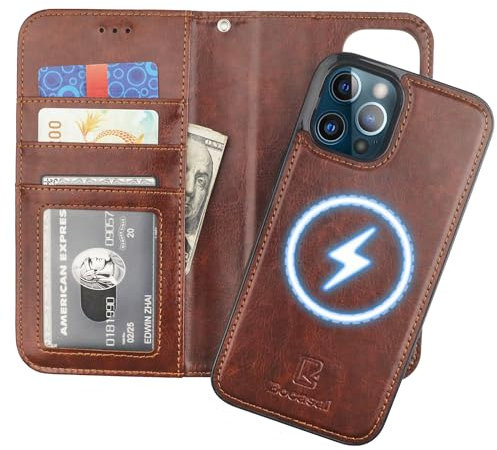 Bocasal for iPhone 12 Pro Max Wallet Case Compatible with MagSafe Wireless Charging, RFID Blocking Magnetic Leather Case with Card Slots Holder Kickstand Detachable Wrist Strap 6.7 Inch (Brown)