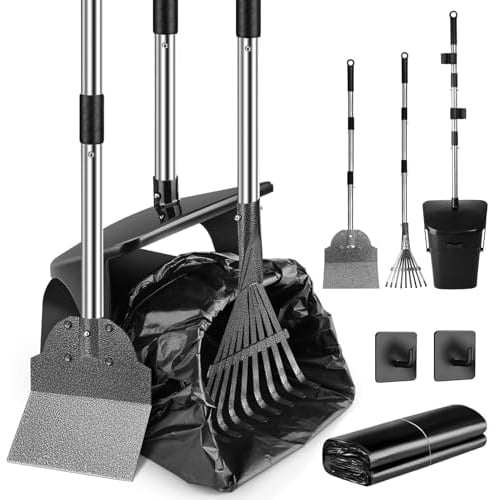KoolShiro Dog Pooper Scooper Large Swivel Bin & Rake & Spade with 40 Waste Bags and 2 Hook, 36.8 Long Handle Dog Poop Scooper for Garden, Grass, Dirt, Gravel or Flats