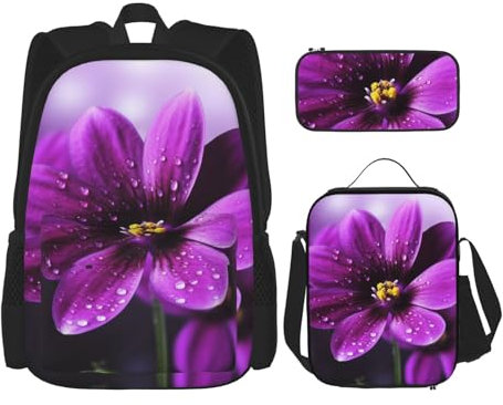 Dwrepo 3PCS Backpack Set with Lunch Bag Pen Box Purple flower Travel Backpack Large Capacity Laptop Backpack for Men Women Casual Daypacks Lunch Box Pen Case 3 in 1 Set, Black, One Size, Travel,