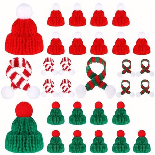 SINGBUNY 20pcs Mini Christmas Knitted Hat and Scarf Set Red and Green Knitted Ornaments - Perfect for DIY Crafts, Tree Decorations and Snowman Decorations