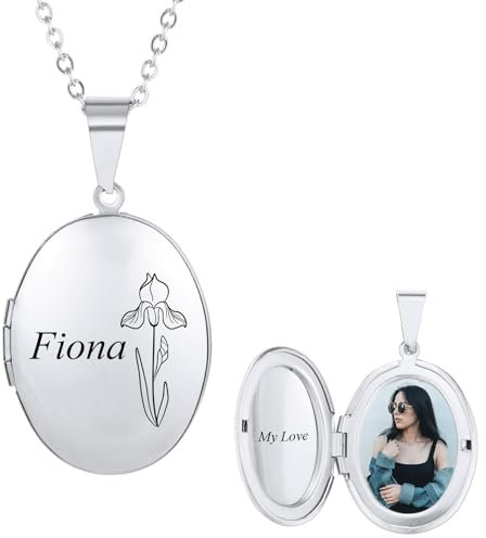 INBLUE Personalisierte Medaillon Halskette für Frauen Gravierte Geburt Blume & Name Edelstahl Rund/Herz/Oval Medaillon Halskette mit Bild/Text Schmuck Geschenk für Frauen Freundin (Oval - Silber)