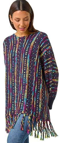 Roman Originals Fringe Hem Knit Longline Jumper for Women UK - Ladies Everyday Autumn Winter Shawl Collar Comfy Soft Evening Vacation Work Party Night Out - Midnight Blue - Size 12